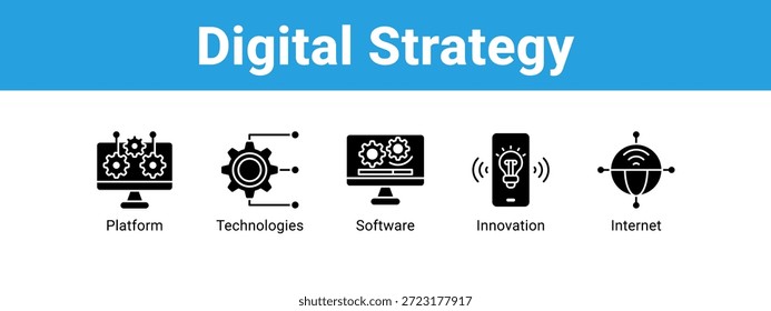 Concepto de Ilustración vectorial de icono de Anuncio de estrategia digital, con Web de plataforma, Tecnologías, software.