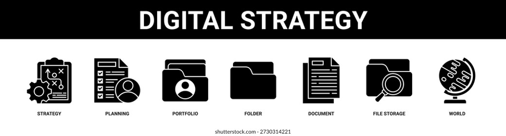 Digitale Strategie Web-Banner Symbol Set Sammlung soliden Stil.