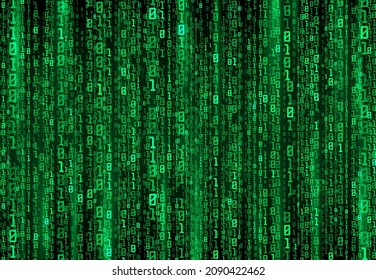 Datos de flujo digital o de código binario en el fondo de matriz, dígitos vectoriales de la tecnología de seguridad virtual. Patrón de código binario o números verdes, hacker informático y seguridad de la información de Internet