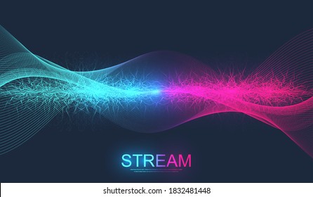 Digital streaming background, wave flow. Plexus stream background. Abstract dynamic motion lines and dots background with colorful particles. Big Data technology. Vector illustration