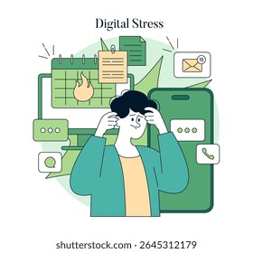 Digital stress illustrates the overwhelming feelings associated with technology and constant notifications. It emphasizes the impact of digital communication on mental well-being. Managing screen time