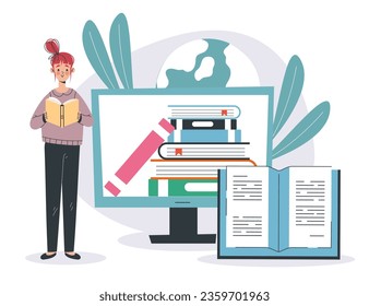 Digital study online library education media read book concept. Vector graphic design illustration
