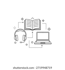 Ilustración del paquete de estudio digital que muestra recursos organizados, herramientas de aprendizaje inteligentes y educación moderna.