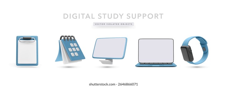 Ferramentas de estudo digital com calendário, monitor, laptop, Smartwatch e área de transferência em estilo 3D limpo. Ideal para projetos de e-learning, produtividade e educação on-line. Ilustração de vetor.