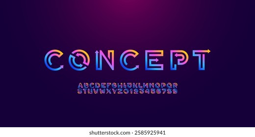 Digital style alphabet, font from arrow, bright letters and numbers made in linear style, vector illustration 10EPS.