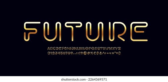 Digital style alphabet, font from golden line, letters and numbers made in linear futuristic design style, vector illustration 10EPS