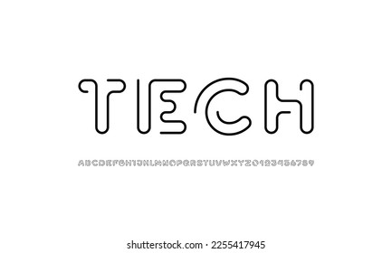 Digital style alphabet, font from segment rounded line, minimal linear style letters and numbers, part three, vector illustration 10EPS