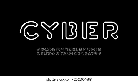 Digital style alphabet, font from segment rounded thin line, minimal linear style letters and numbers, part three, vector illustration 10EPS