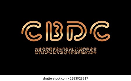 Digital style alphabet, font from segment rounded metal line, golden style letters and numbers, vector illustration 10EPS
