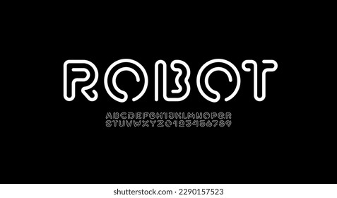 Digital style alphabet, font from white wire, letters and numbers made in linear style, vector illustration 10EPS