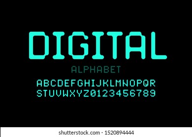 Digital style font, alphabet letters and numbers, vector illustration