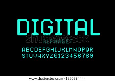 Digital style font, alphabet letters and numbers, vector illustration