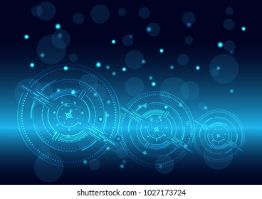 Digital style geometric shapes with straight lines, lines, neon light, circles and dots. The concept abstract technology, blur circles elements, with gradient corner on dark blue technology background