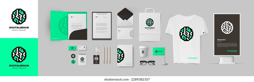 Logo de estilo digital y diseño de identidad corporativa. Presentación de marca del diseño de papel con el logo minimalista en forma de cerebro y fondo verde. Conjunto de elementos de diseño de fondo básicos para la empresa de inicio