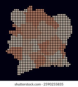 Digital style map of Côte d'Ivoire on a dark background. The country's shape is created with circle dots in a colored dots style. Large size circles are used. Stylish vector illustration.
