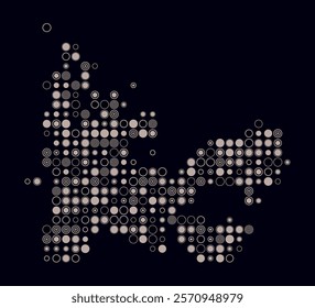 Digital style map of the French Southern and Antarctic Lands on dark background.  Large size circle blocks build the shape of the country.