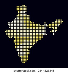 Digital style map of India on dark background. India shape with square dots. Colored dots style. Large size squares. Plain vector illustration.