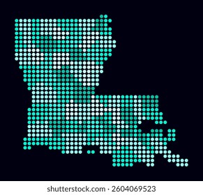 Digital style map of Louisiana on a dark background. The state's shape is formed by circle dots in teal and white. Large size circles create an artistic vector illustration.