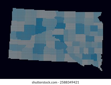 Digital style map of South Dakota on a dark background. The state's shape is represented by square dots. Colored dots style. Small size squares. Amazing vector illustration.