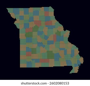 Digital style map of the state of Missouri on a dark background. The Missouri shape is represented with square dots in various colors.  Small size squares create a unique texture. Amazing vector illustration.
