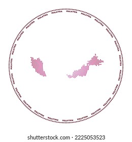 Digital style shape of Malaysia in dotted circle with country name. Tech icon of the country with gradiented dots. Astonishing vector illustration.