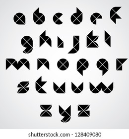 Digital style simple geometric font made with rhombuses, sharp corners version, vector modern alphabet. Sans serif, lowercase letters, vector set.