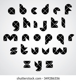 Digital style simple geometric font made with rhombuses, vector modern alphabet. Sans serif, lowercase letters, vector set.
