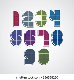 Digital style simple geometric numbers made with squares, tile modular stylized numerals. Vector color set.