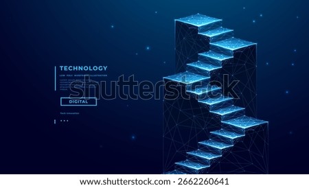 Digital success stairs in technology low poly wireframe style on dark blue background. Staircase and podiums. Career boost strategy. Business tech bg. Vision and mission. Abstract vector illustration