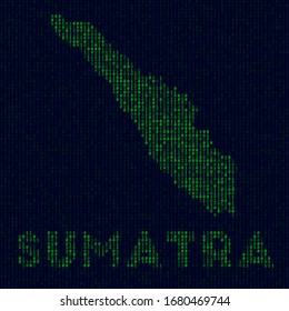 Digital Sumatra Logo. Inselsymbol im Hackerstil. Binärkode Karte von Sumatra mit Inselnamen. Schöne Vektorillustration.