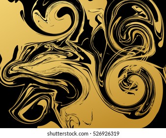 Digital suminagashi abstract background. Golden and black colours.