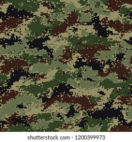 Digital summer camouflage. Seamless pattern incorporating tiny pixels of black, brown,beige, dark and light green.