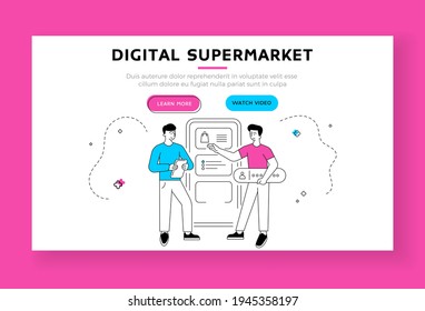 Digital supermarket banner template. Vector illustration of linear male manager showing and promoting goods to modern man with tablet during online shopping in internet