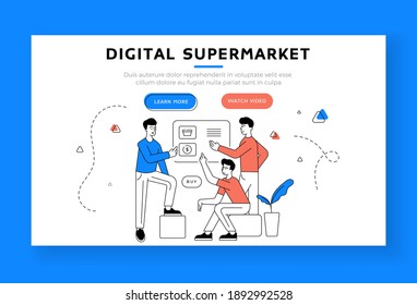 Digital supermarket landing page banner template. Men browsing page of internet store and making purchases while shopping online together