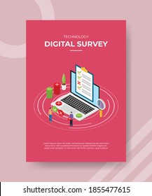 Digital survey people fill checklist on laptop for template of banner and flyer for printing magazine cover and poster with flat cartoon style