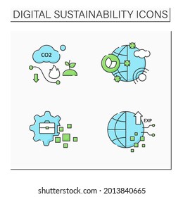 Digital sustainability color icons set. Climate change goals, business transformation, experience, carbon efficiency.Digitalization concept.Isolated vector illustrations