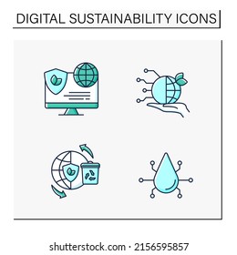 Digital sustainability color icons set. Modern technology. Global environment protection. Ecology concept. Isolated vector illustrations