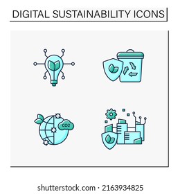 Digital sustainability color icons set. Modern technology. Modernized buildings. Global environment protection. Ecology concept. Isolated vector illustrations