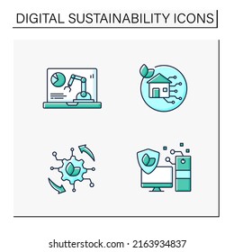 Digital sustainability color icons set. Modern technology. Manufacturing. Global environment protection. Ecology concept. Isolated vector illustrations