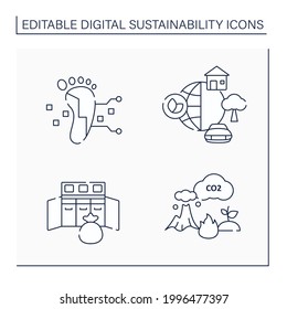 Digital sustainability line icons set. Global industrial innovation, growth. Footprint, environment, console waste, carbon emission.Digitalization concept.Isolated vector illustrations.Editable stroke