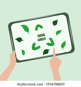 Digital sustainability. Think green. Tablet in hand, leaves. Environmental implications of technology use. Environment protection. healthcare,