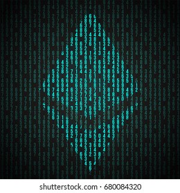 Digital Symbol of cryptocurrency Ethereum. Electronic money exchanges and markets. Concept of ICO Blockchain and cryptocurrency. Vector Illustration.