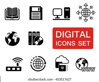 digital symbol. digital sign. digital objects. set of digital icons with red signboard