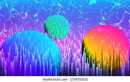 Digital Synthwave Technology Background with Abstract Circle Planets, Futuristic 80s SciFi Style, Retrowave 1980s Banner, Retro Wave Elements with Cyber Punk Aesthetics, Vector Illustration Art Design