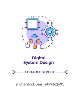 Symbol für digitales Systemdesign mit mehrfarbigem Konzept. In: Computer Engineering and Development. Systemkomponenten. Darstellung der runden Formlinie. Abstrakte Idee. Grafikdesign. Einfach in Artikel zu verwenden