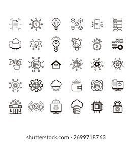 Digital system icon set vectors contain icons related to digitalization, digital services, internet, cloud computing, technology.