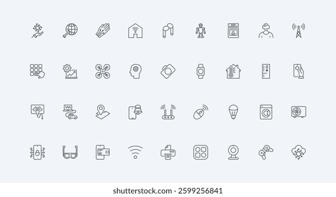 Digital system management, network thin black outline symbols vector illustration. Smart gadget and home devices, access and remote control of equipment via mobile app, IoT line icon set