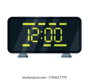 Reloj de alarmas de mesa digital con números luminosos verdes iluminados, Ilustración de vectores de instrumentos de medición moderna de tiempo