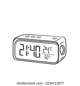 Ilustración vectorial de la línea de reloj de la tabla digital. Reloj de cabecera de la cama con contorno de mano con tiempo de sueño en el panel electrónico, dispositivo con dígitos de horas y minutos, temperatura del aire y humedad