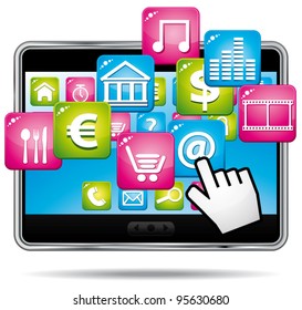 Digital tablet with apps and hand cursor. Vector icon.